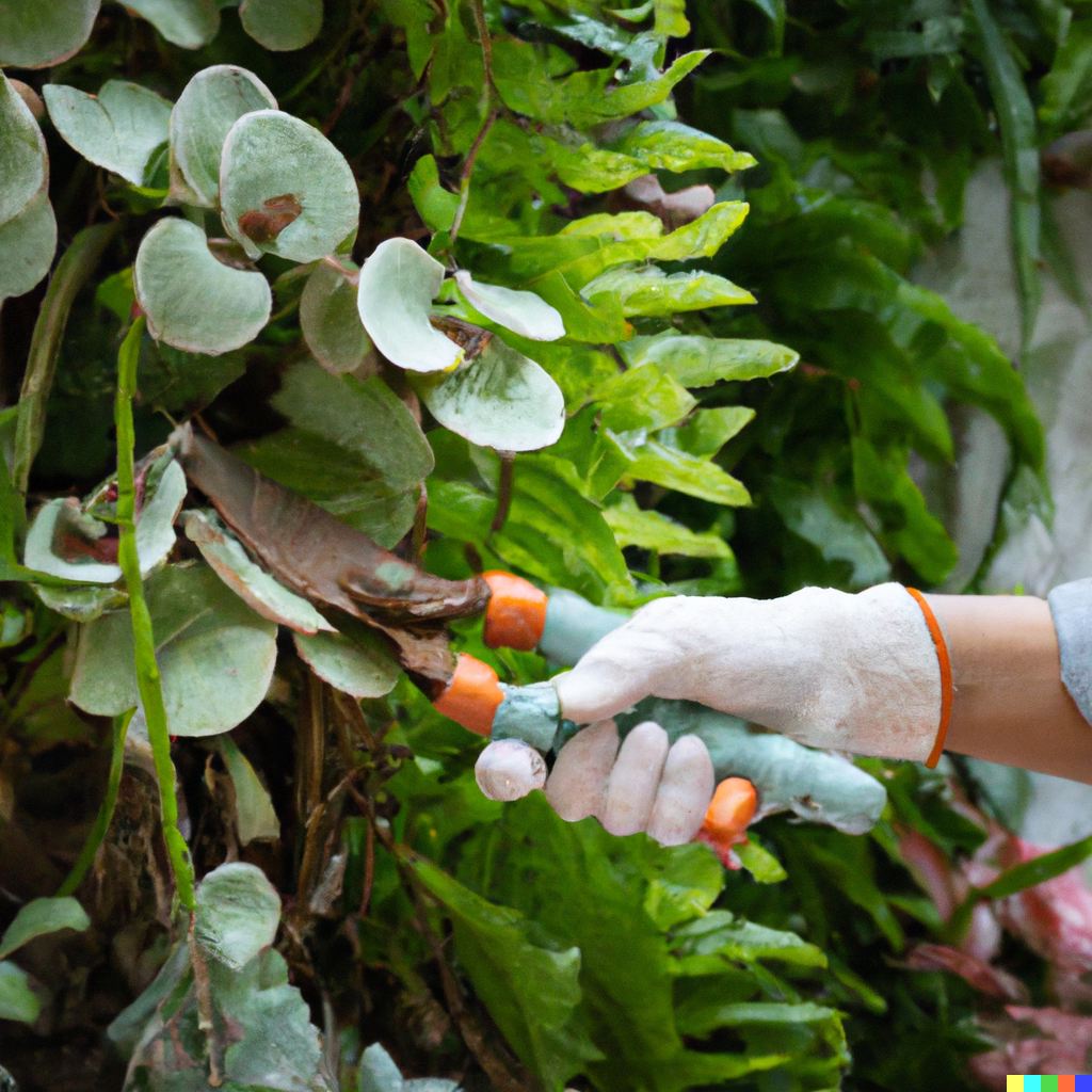 Gardener pruning plants on a living wall.