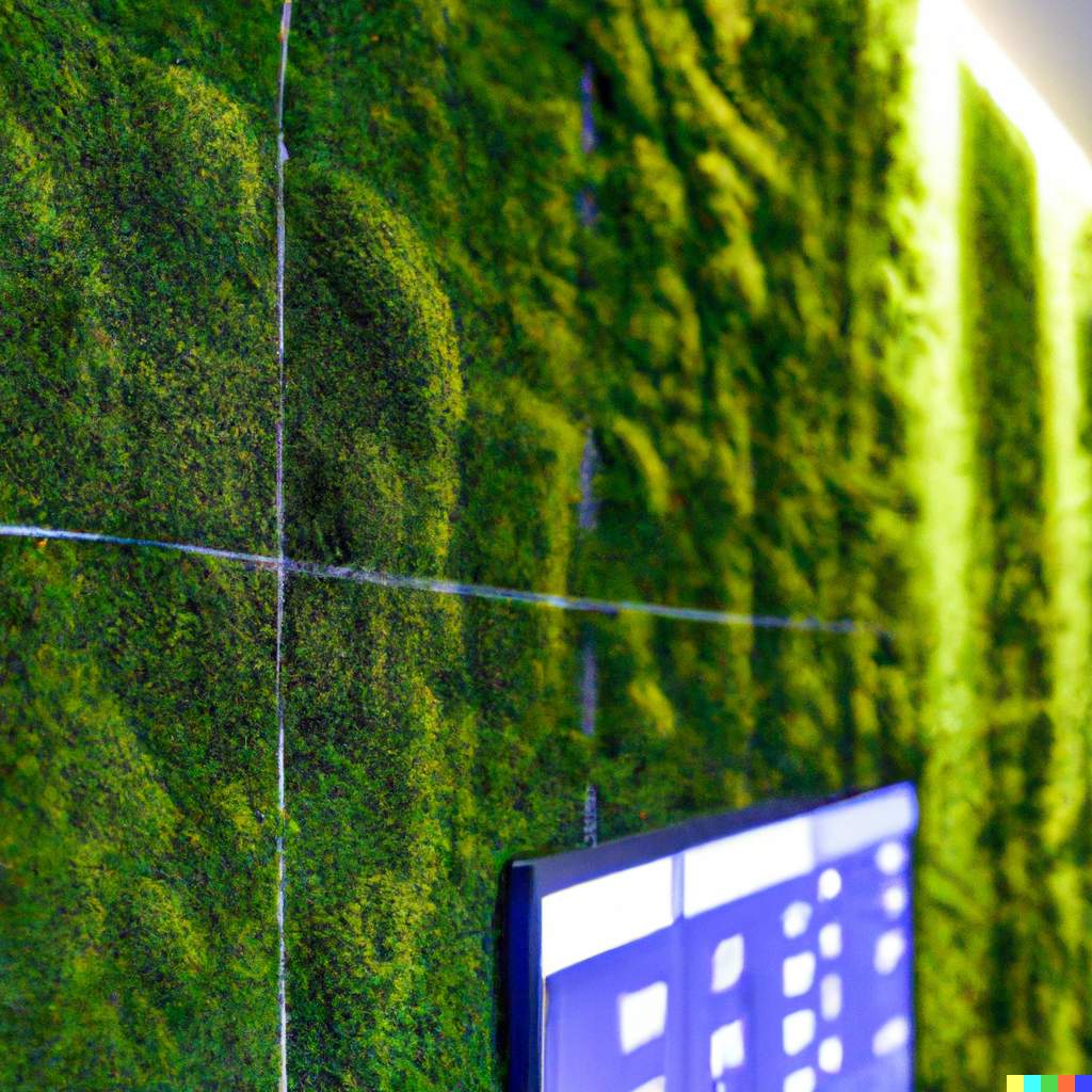 Corporate moss wall with integrated digital screens amidst geometric moss designs.