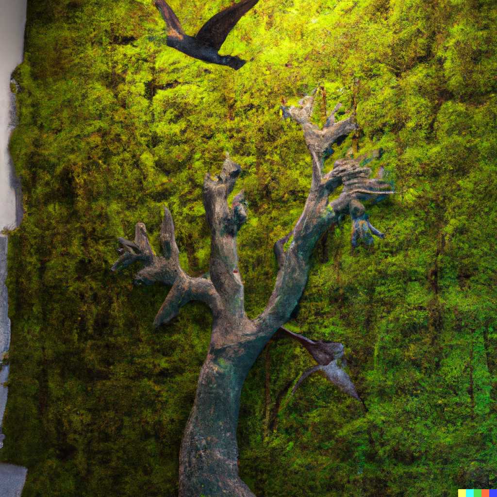 Living moss wall art depicting a mossy tree silhouette with flying birds.