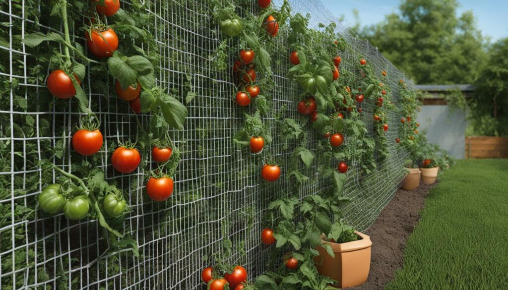 Concrete mesh trellis for vertical tomato gardening