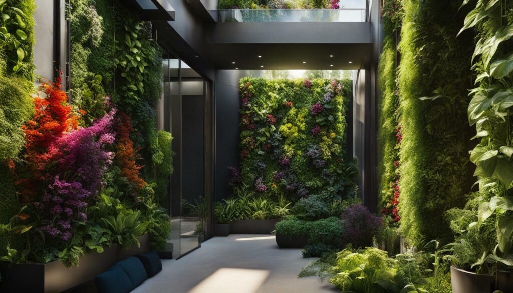 Vertical garden with thriving plants