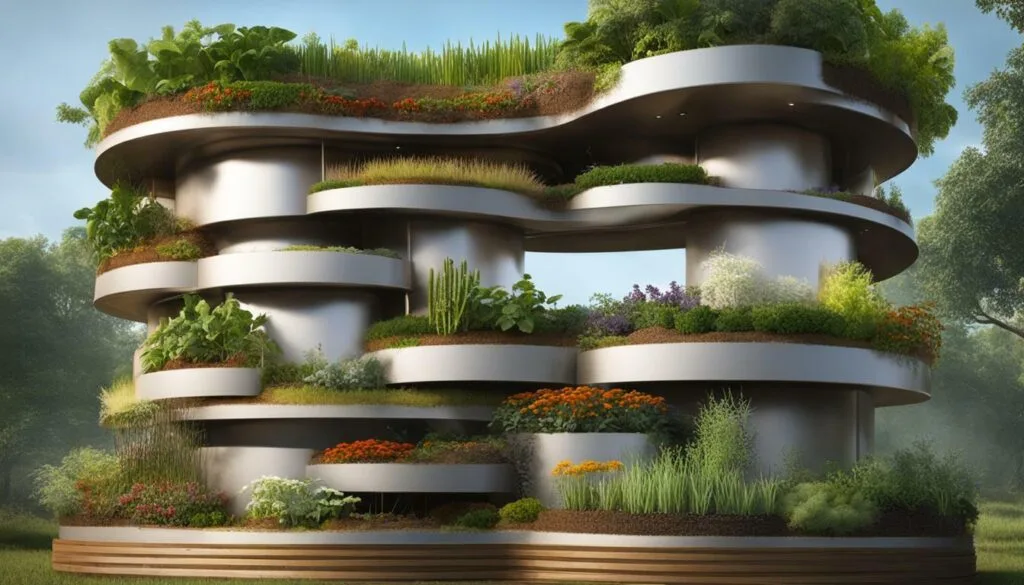 Vertical composting garden tower with plants