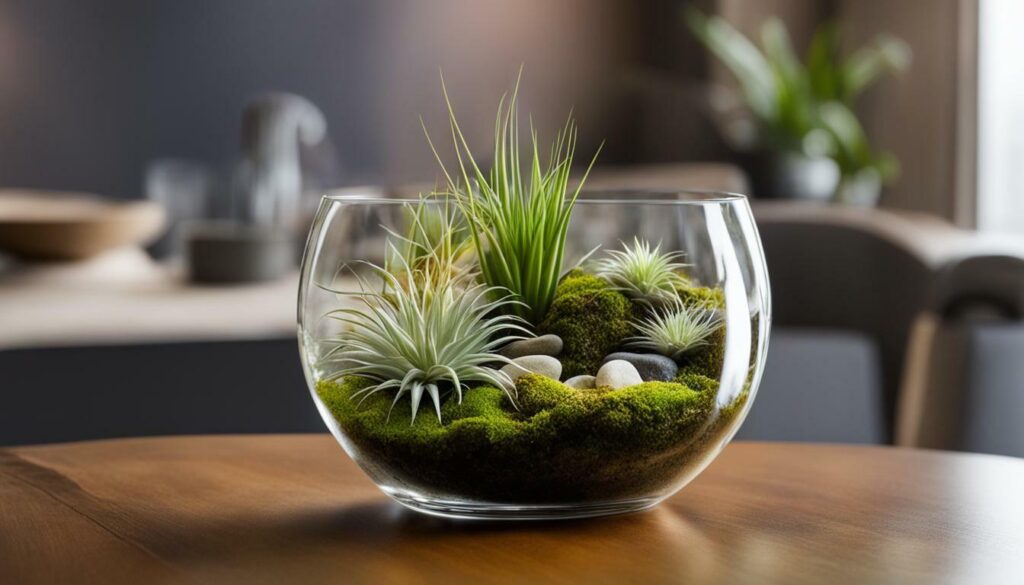 Clear container filled with air plants and decorative elements
