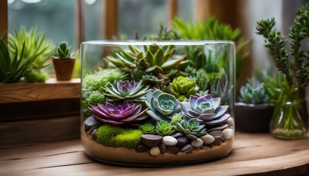 Glass container with succulent terrarium