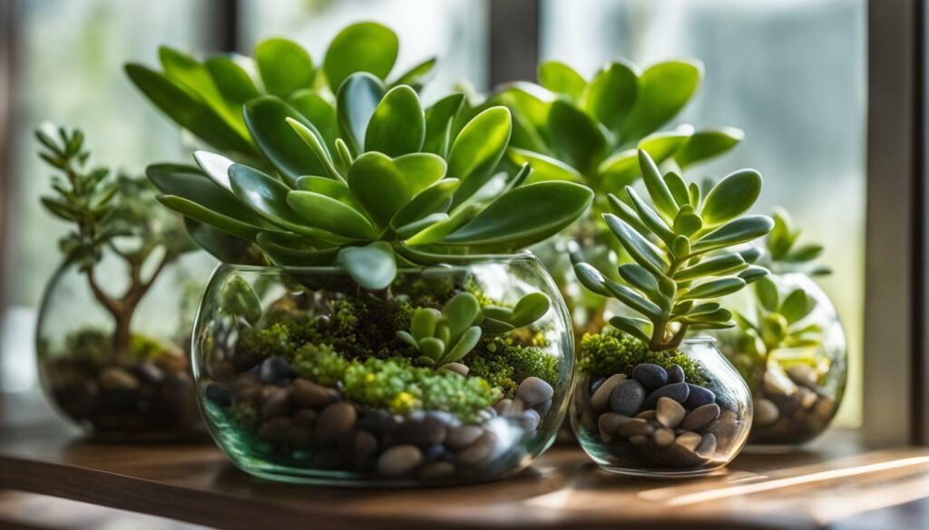 Jade plants in terrarium