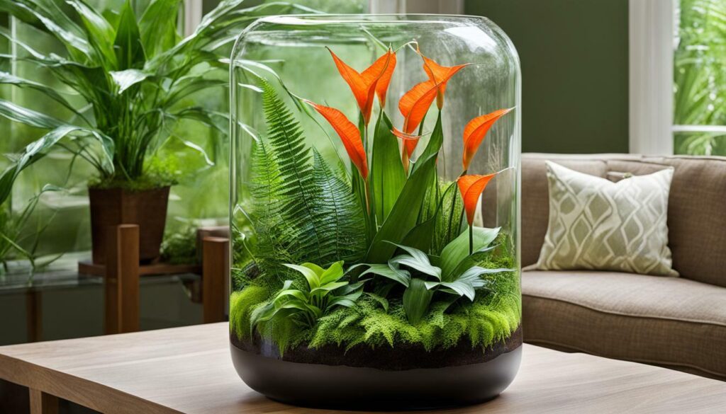 Larger Terrarium with Maidenhair Ferns, Peace Lilies, and Snake Plants