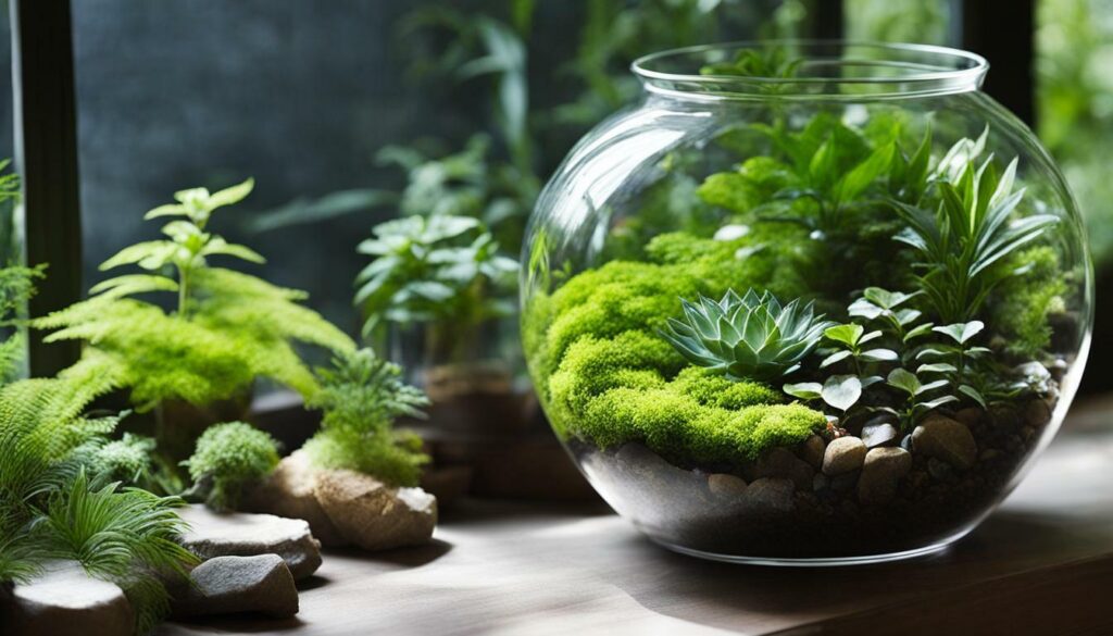 Open terrarium with lush green plants