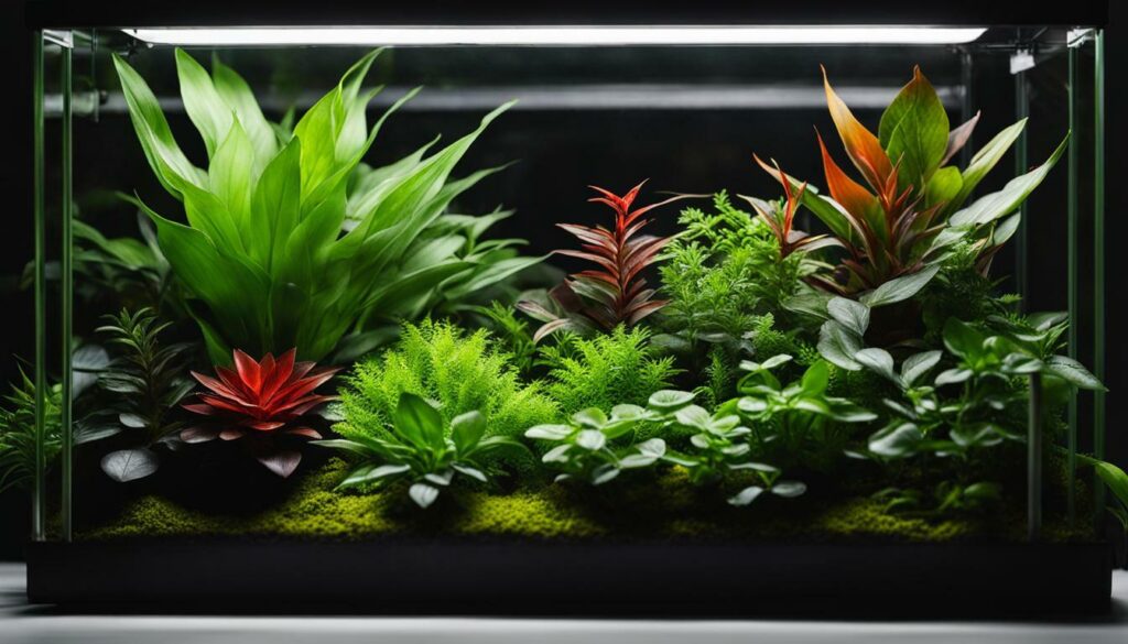 Open terrarium with lush green plants and artificial grow light