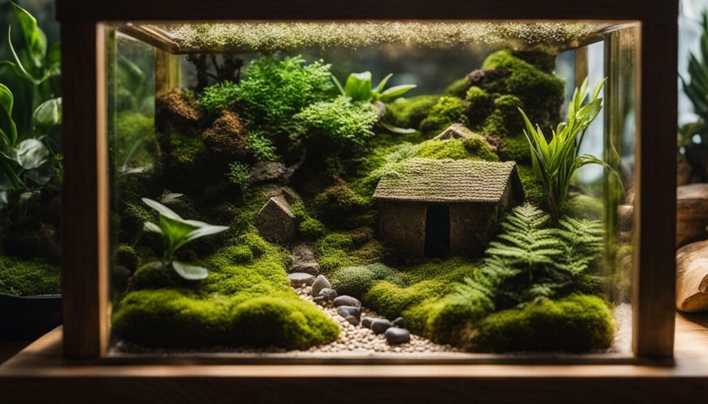 Open terrarium with lush green plants and decorative elements