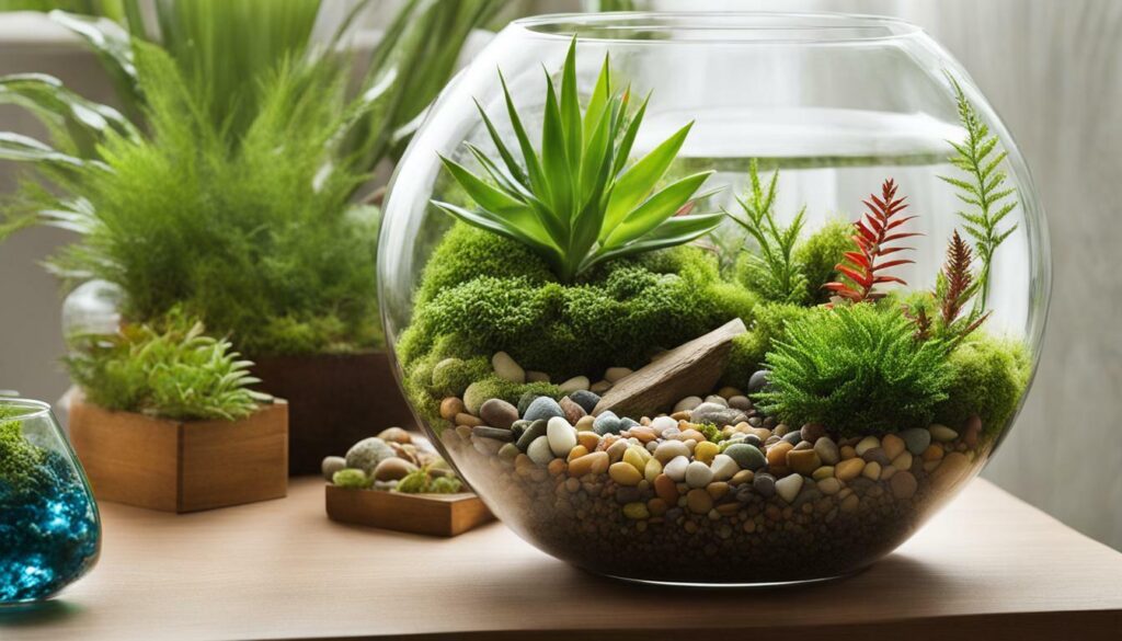 Open terrarium with various plants and decorative elements