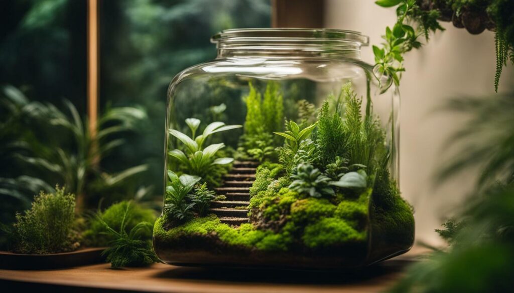 Terrarium in a glass jar with various plants