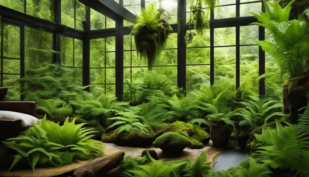 Terrarium with lush ferns and moss