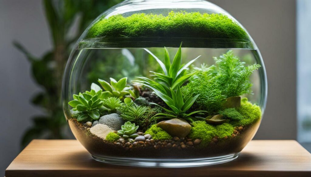 Terrarium with lush green plants