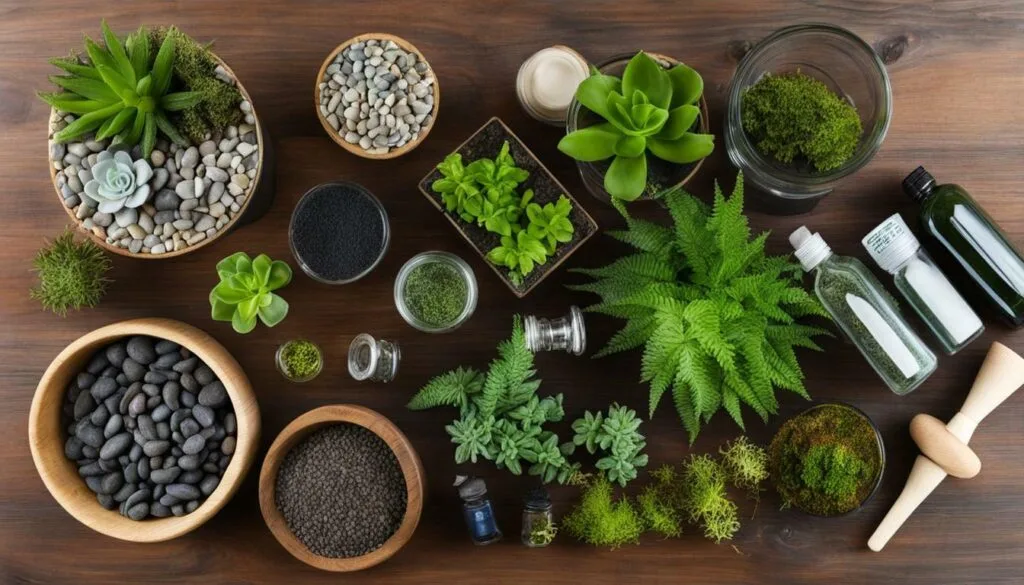 Closed terrarium plants and supplies for easy maintenance