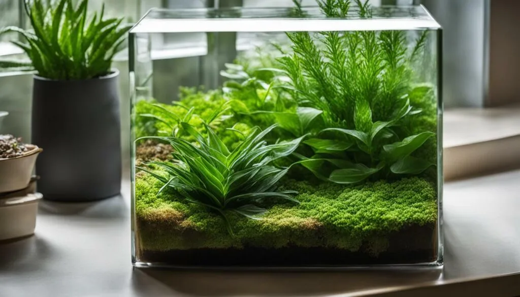 closed terrarium with foliage plants evenly trimmed