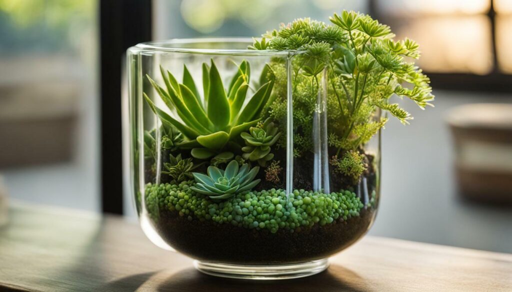 glass container with plants