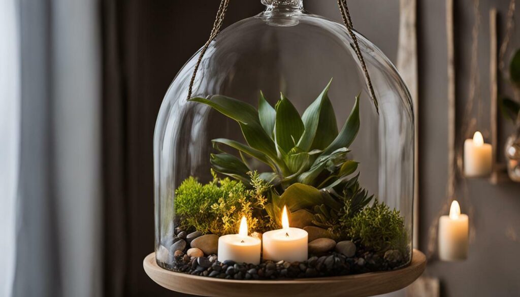 hanging glass terrarium with tealights