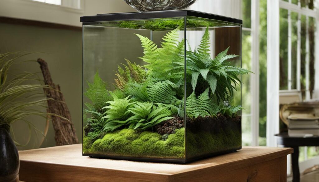 indoor terrarium with ferns
