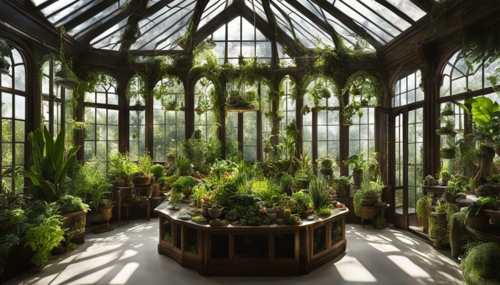 small conservatory with terrarium plants