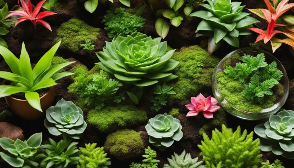 terrarium with lush green plants