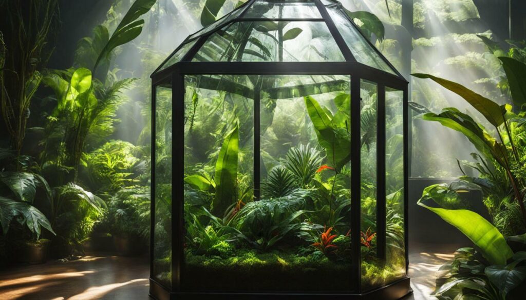 tropical plants in a terrarium