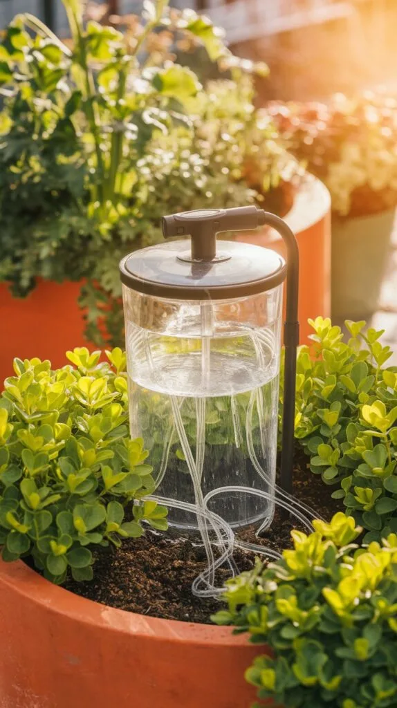 Image of a self-watering system in a container bed.