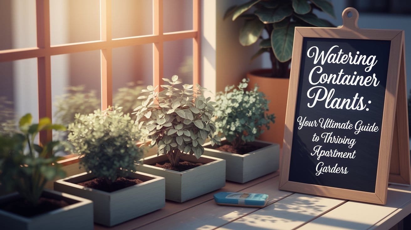 Four healthy plants in individual containers showing the benefits of watering your plants regularly, as indicated by the writing on the blackboard.