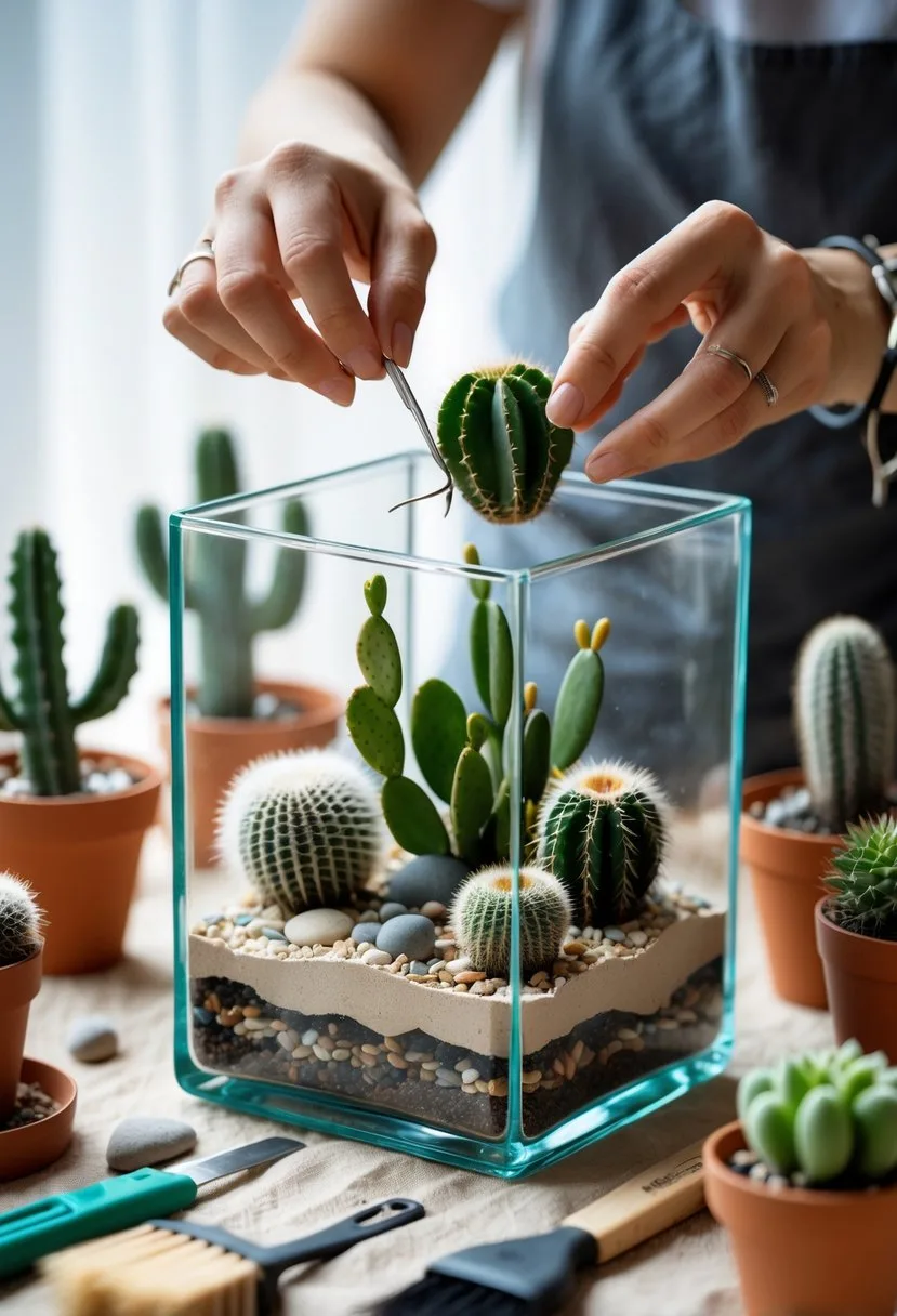 A person assembling a desert terrarium with cacti and succulents inside a glass container, with gardening tools nearby.