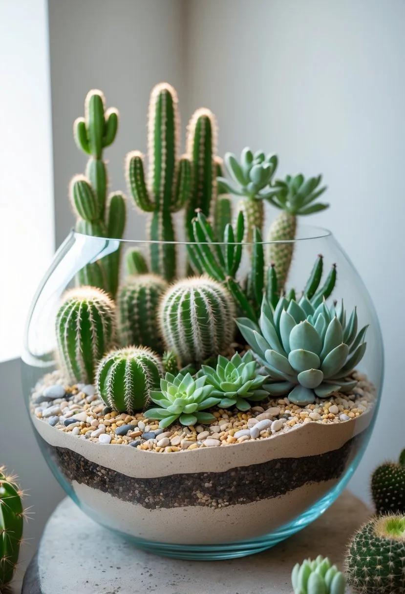 A clear glass terrarium filled with sand, pebbles, and various cacti and succulent plants.