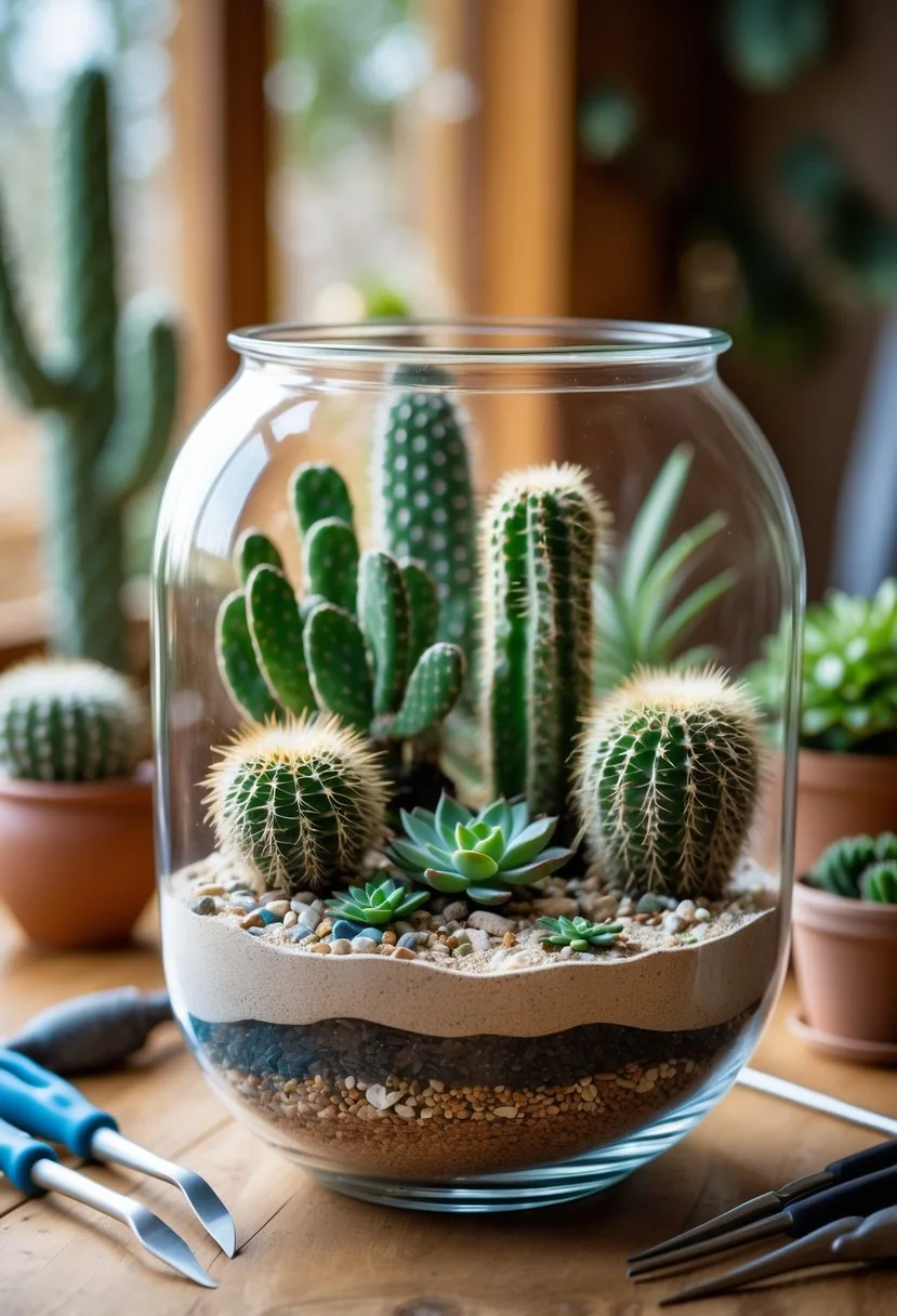 A clear glass terrarium filled with cacti and succulents on a wooden table with gardening tools nearby.