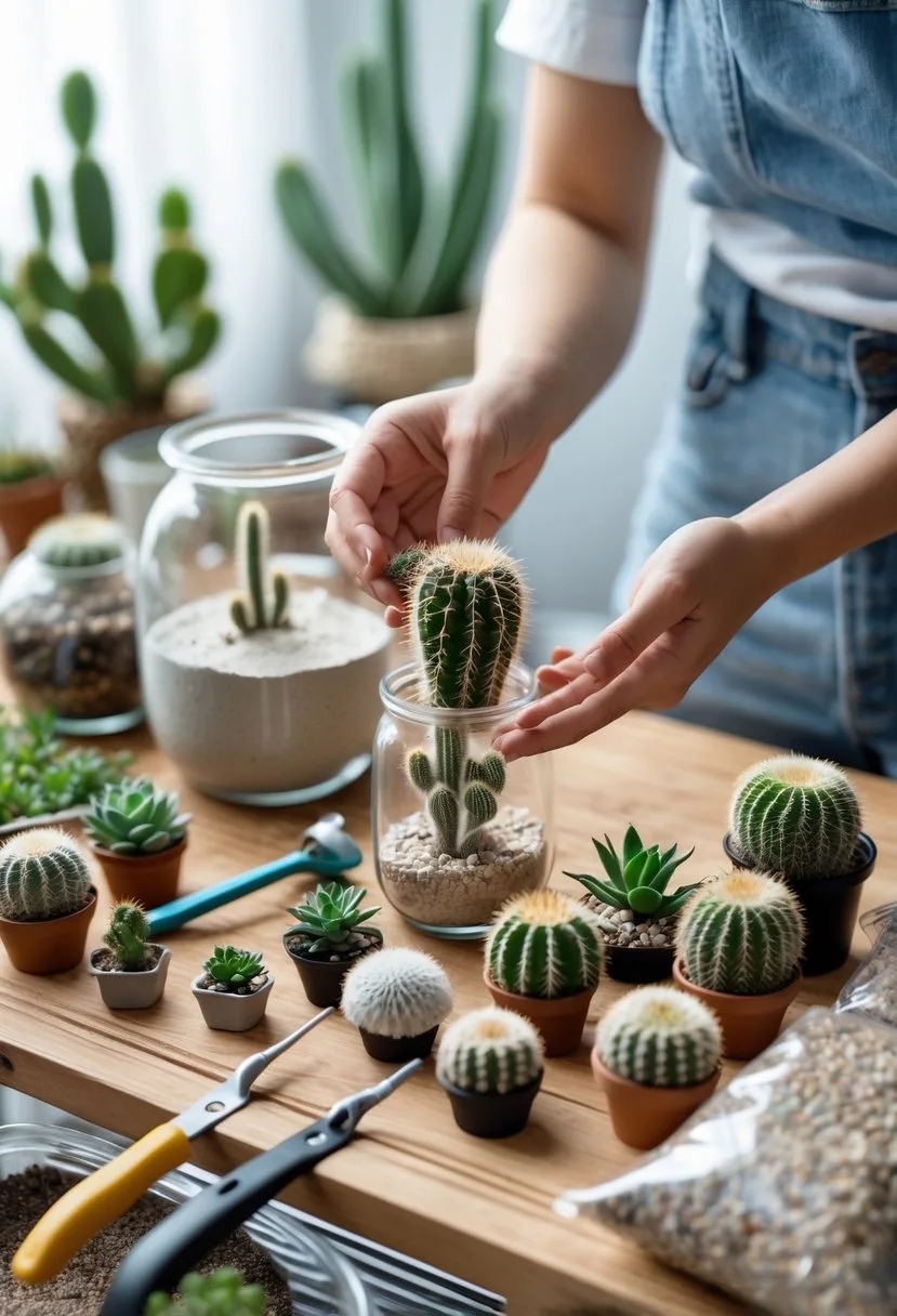 Hands selecting cacti and succulents on a table with gardening tools and terrarium supplies.