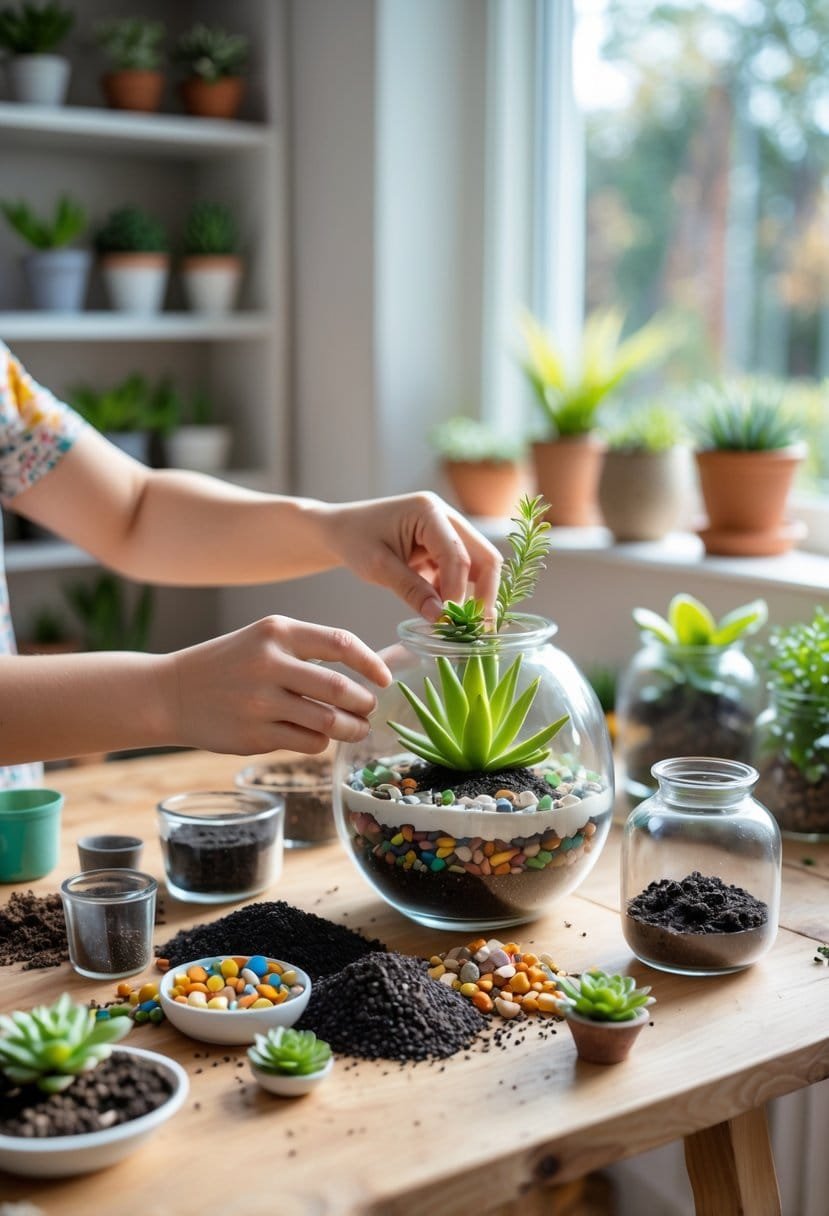 A person assembling a small terrarium with succulents and decorative stones on a wooden table near a window.