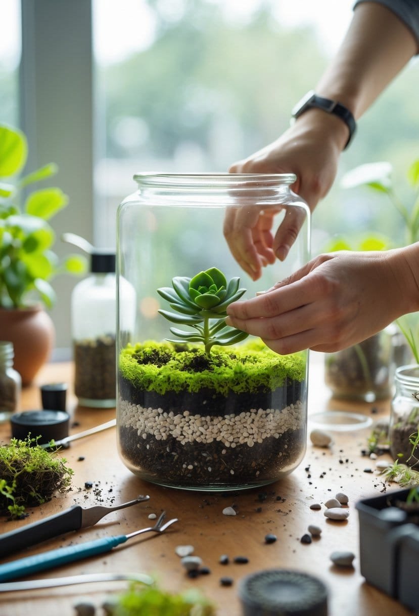 Hands assembling a small glass terrarium with soil, moss, and a succulent plant on a bright workspace.