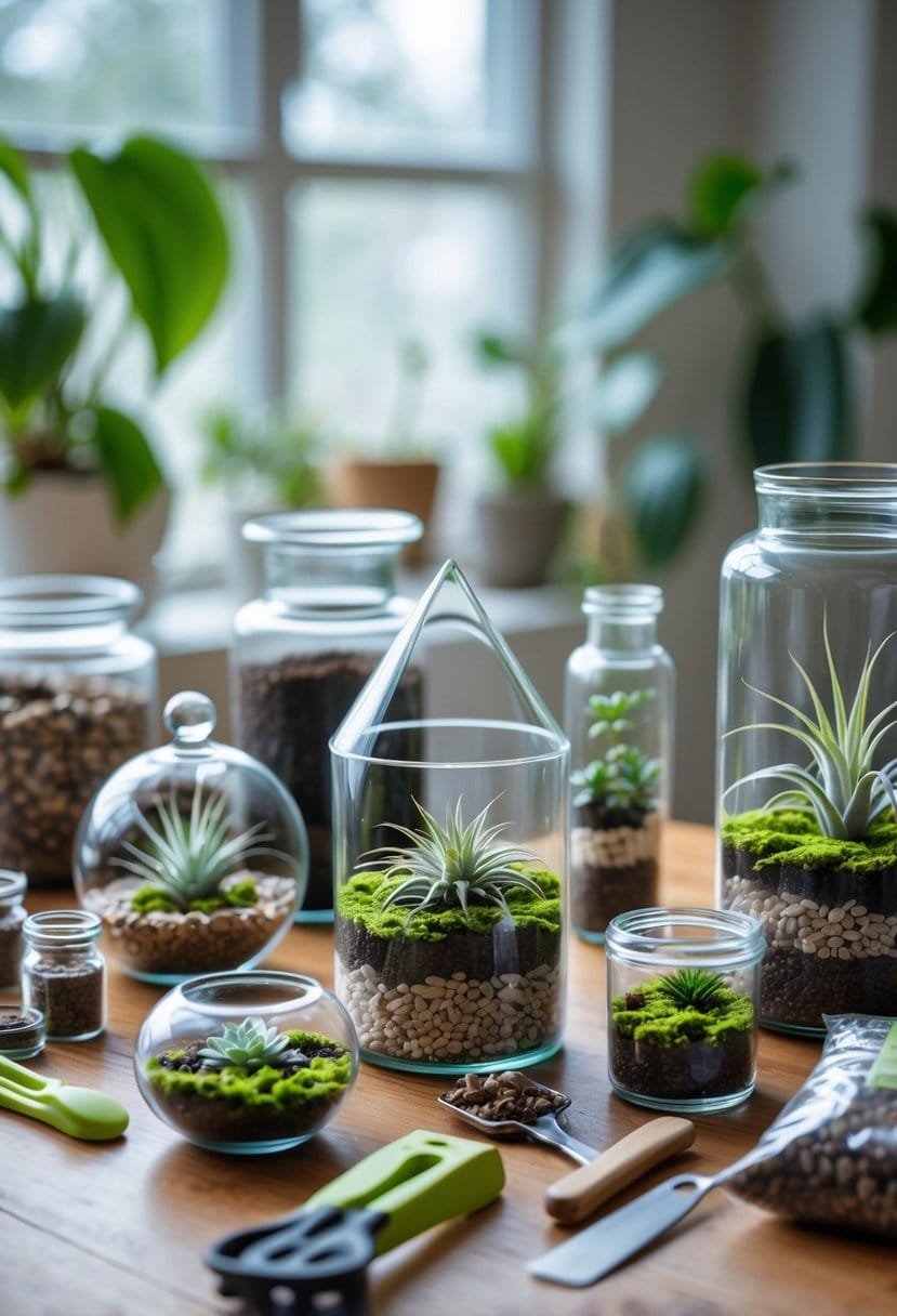 Various glass terrarium containers with plants and gardening tools arranged on a wooden table near a window.