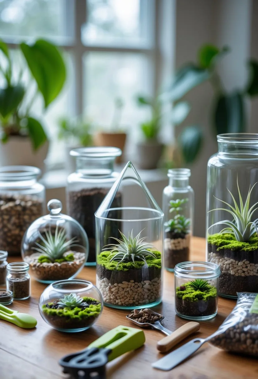 Various glass terrarium containers with plants and gardening tools arranged on a wooden table near a window.