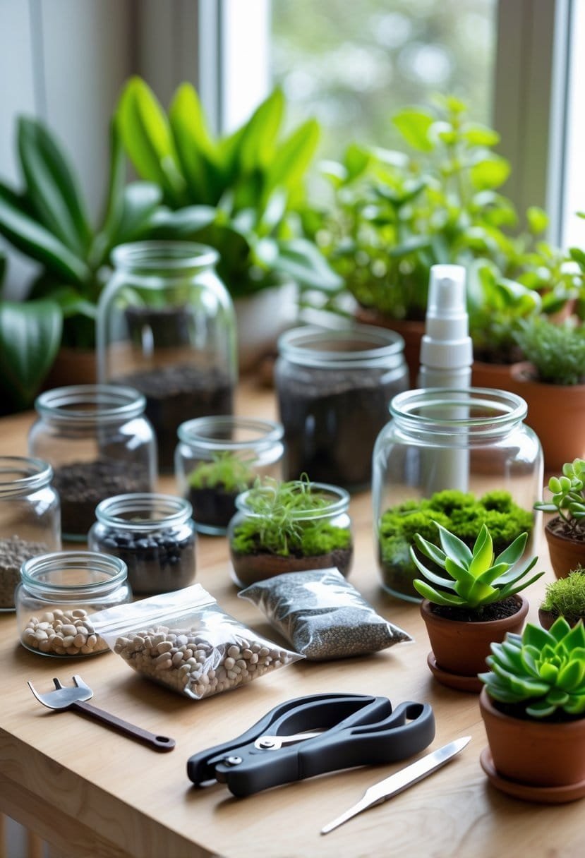 A table with various terrarium supplies including glass containers, soil, charcoal, pebbles, moss, gardening scissors, tweezers, a spray bottle, and small plants ready for planting.