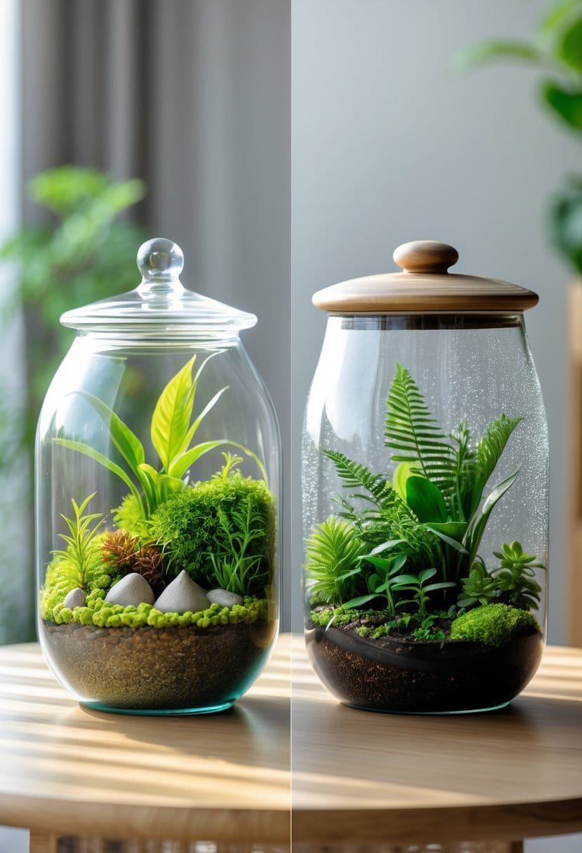 Two terrariums side by side on a wooden table, one open with green plants and moss, the other closed with tropical plants and moisture inside.