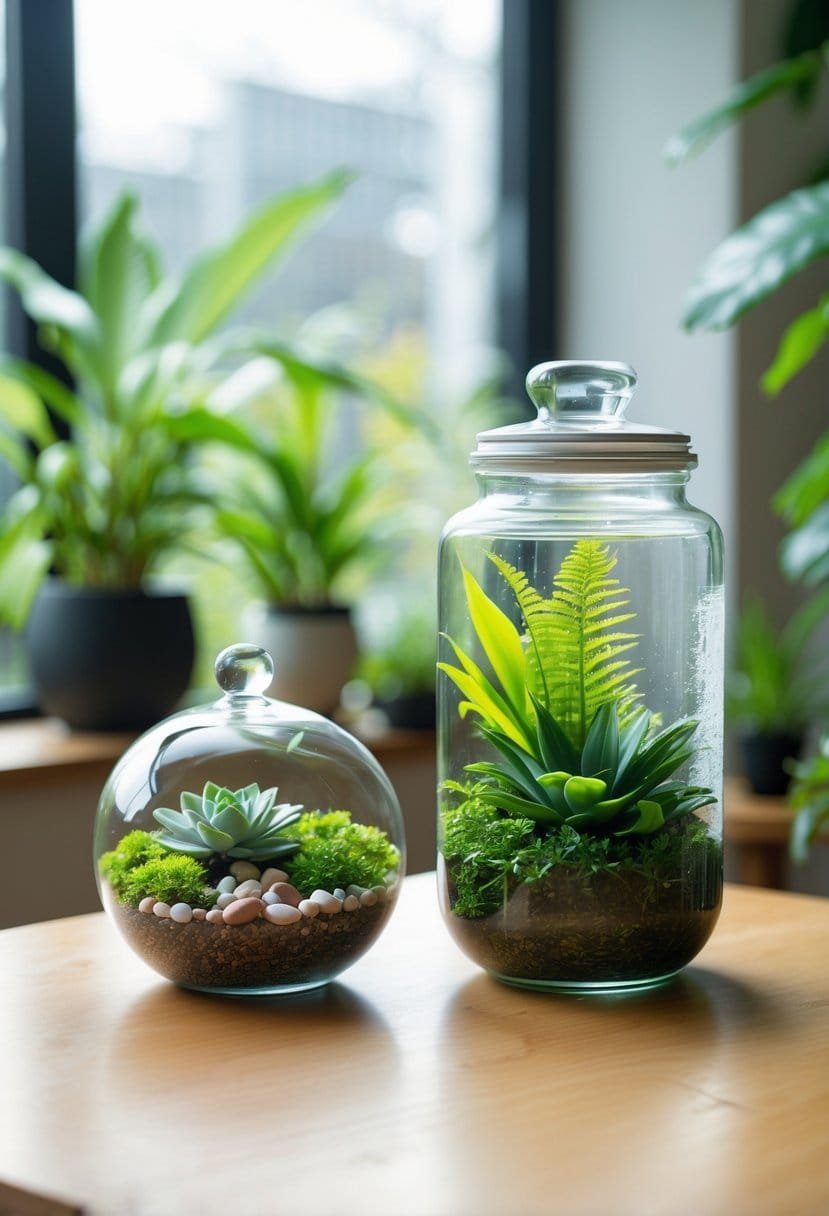 Two terrariums side by side on a wooden table, one open with succulents and the other closed with tropical plants inside a glass jar.