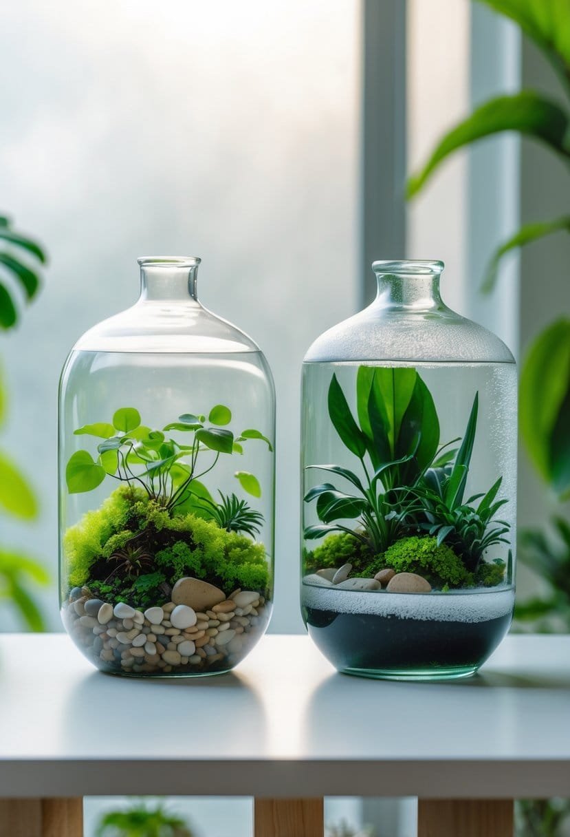 Side-by-side comparison of an open terrarium with green plants and an enclosed terrarium with condensation and tropical plants on a white surface.
