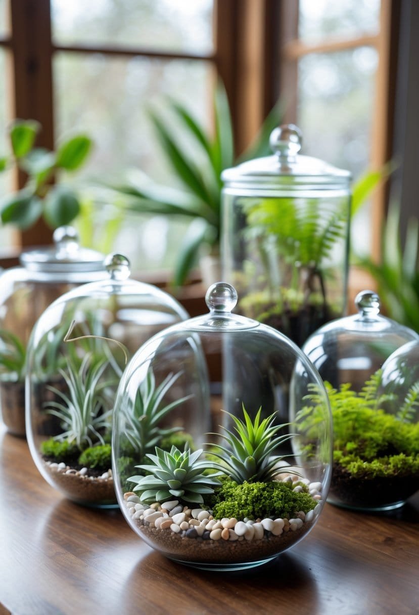 A table displaying open terrariums with succulents and closed terrariums with tropical plants, showcasing different types of plants suitable for each terrarium.