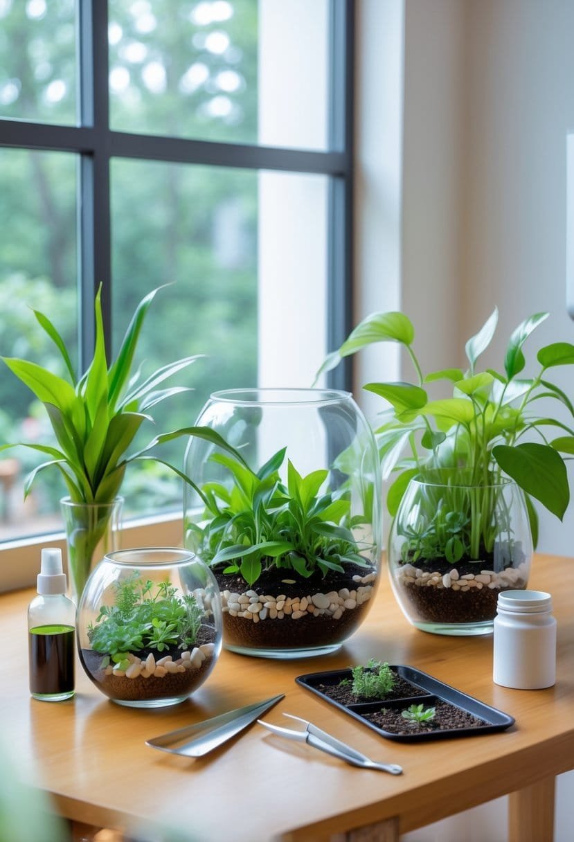A collection of glass terrariums with various plants on a wooden table, some showing signs of overwatering and overcrowding, with plant care tools nearby.