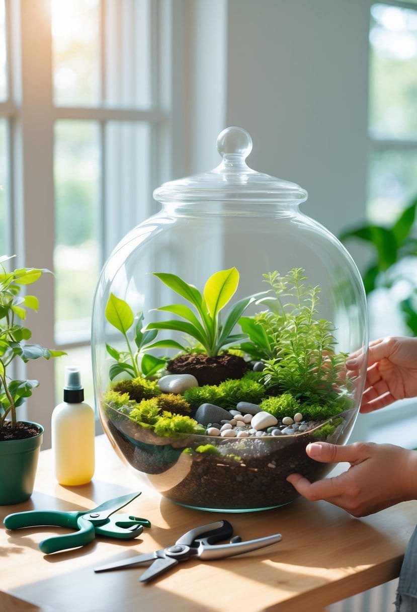 Hands tending to plants inside a glass terrarium on a wooden table with gardening tools nearby.