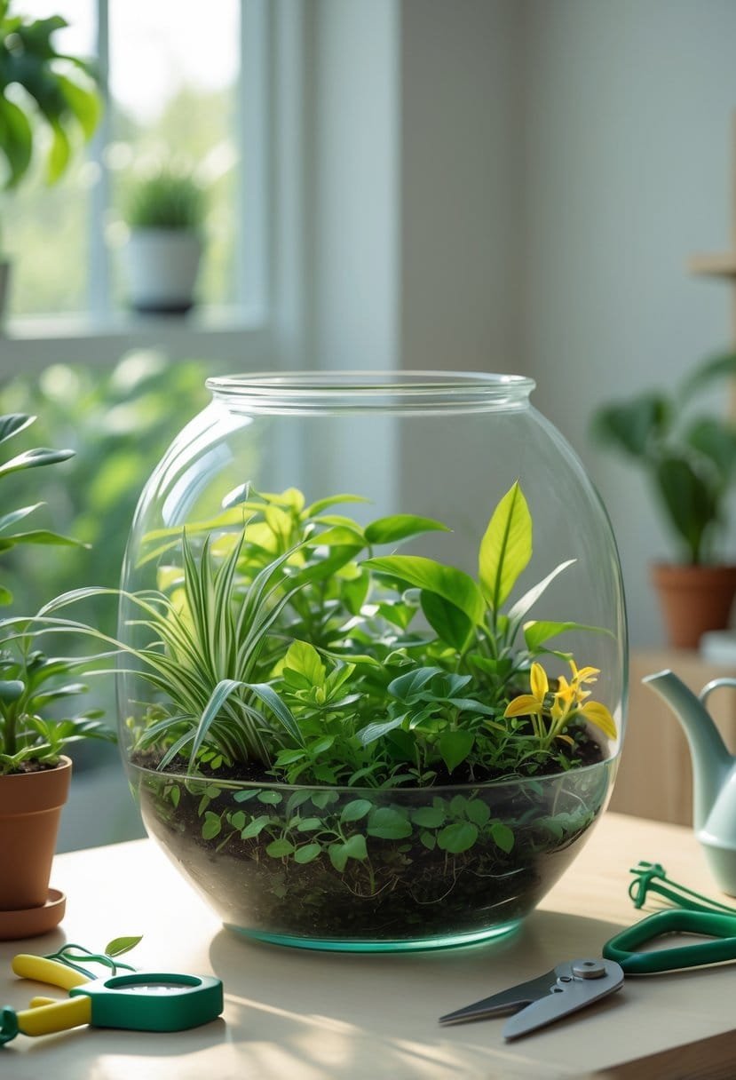 Close-up of a glass terrarium with green plants, some healthy and some showing signs of overwatering, placed on a wooden table with gardening tools nearby.