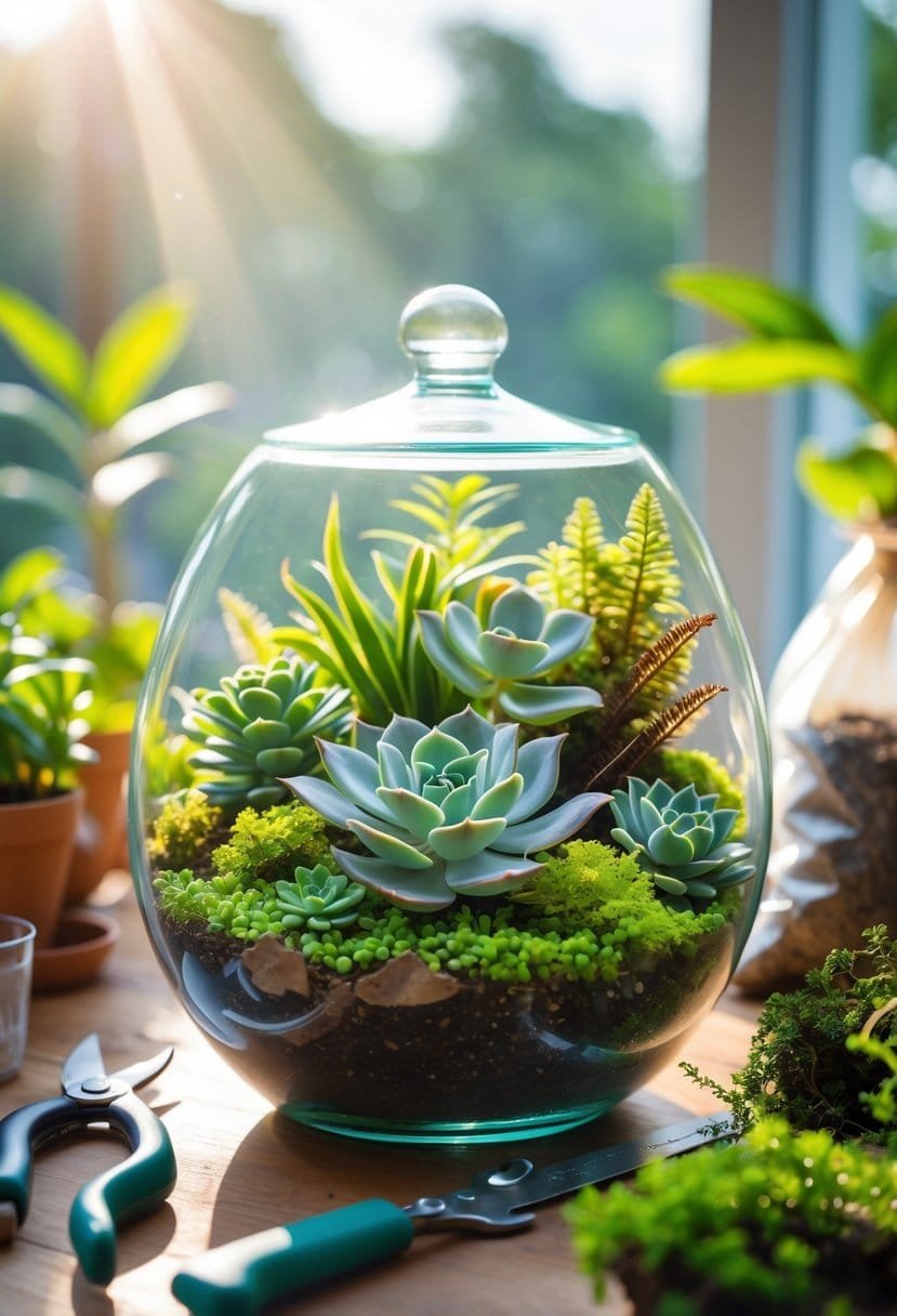 Close-up of a glass terrarium with various green plants and gardening tools on a wooden table.