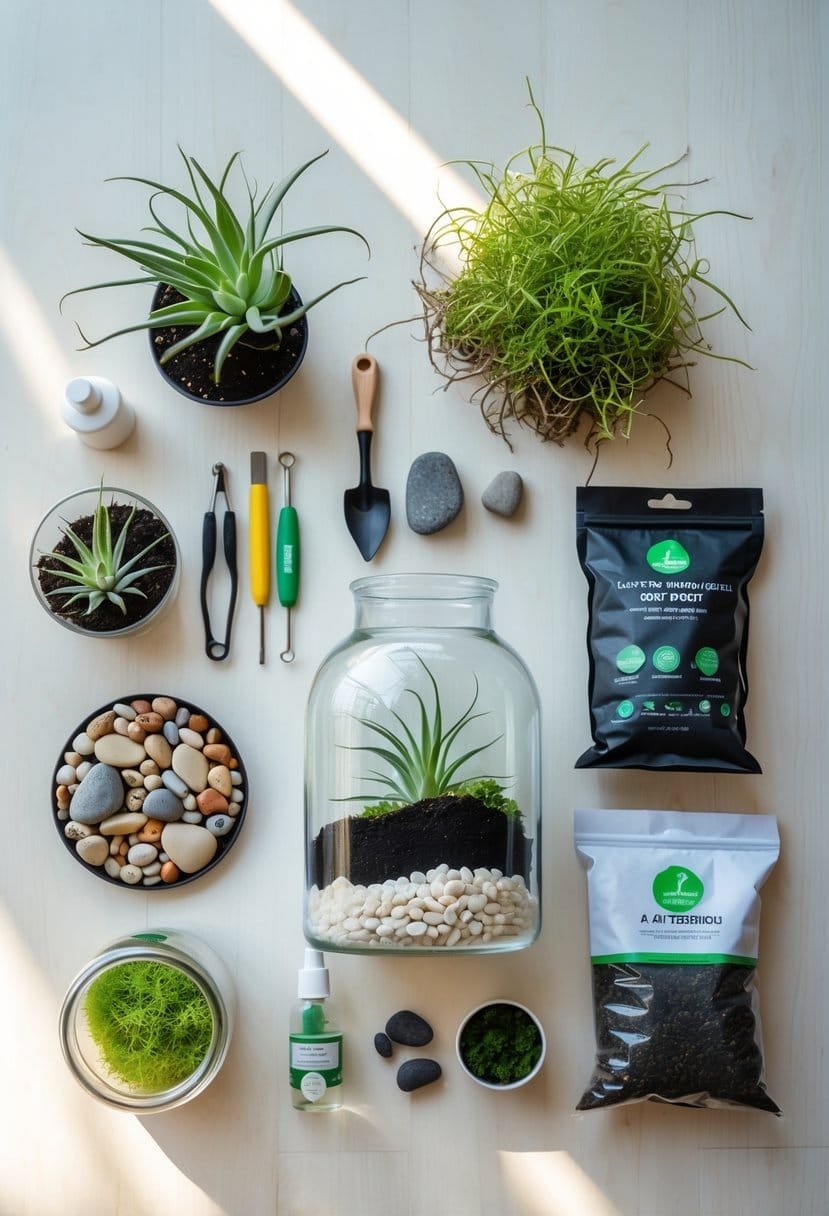 A flat lay of materials for building a terrarium including a glass container, small plants, soil, stones, gardening tools, and a spray bottle on a wooden surface.