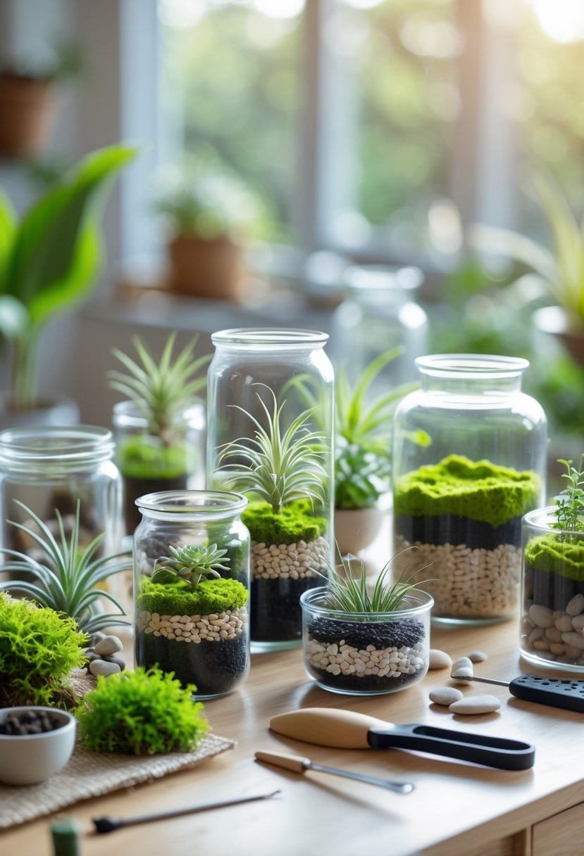 A table with glass containers, soil layers, small plants, and gardening tools arranged for building a terrarium.