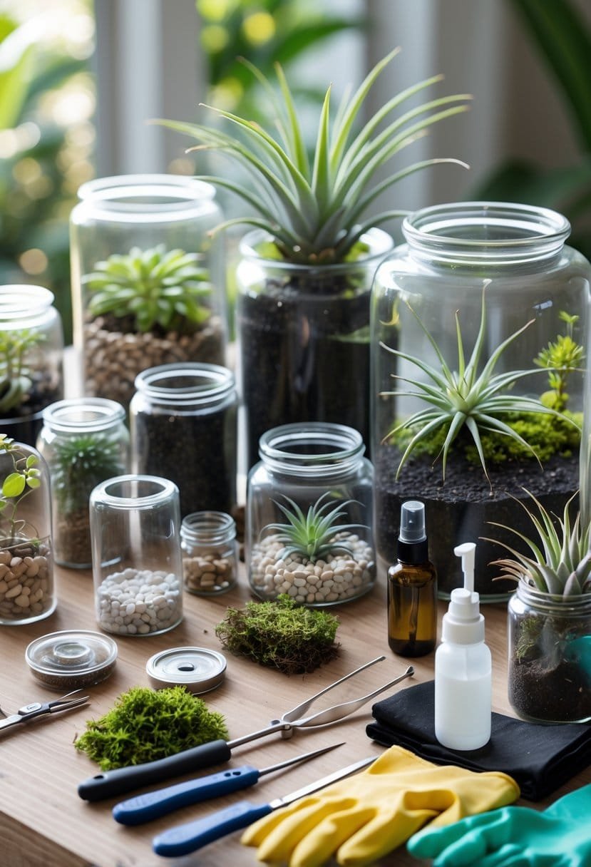 A workspace with terrarium containers, soil, pebbles, plants, and gardening tools arranged on a wooden table.