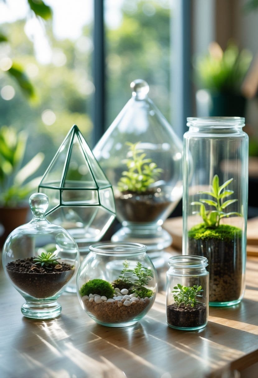 Various clear glass containers of different shapes and sizes arranged on a wooden table with small plants and decorative elements inside.
