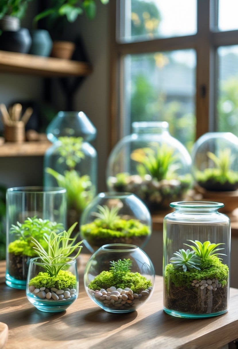 A variety of glass terrariums filled with green plants and moss arranged on a wooden table with soft natural light.