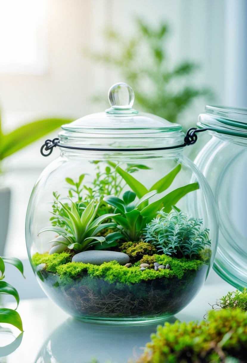 A clear glass terrarium filled with green plants and moss, placed on a surface with natural light.